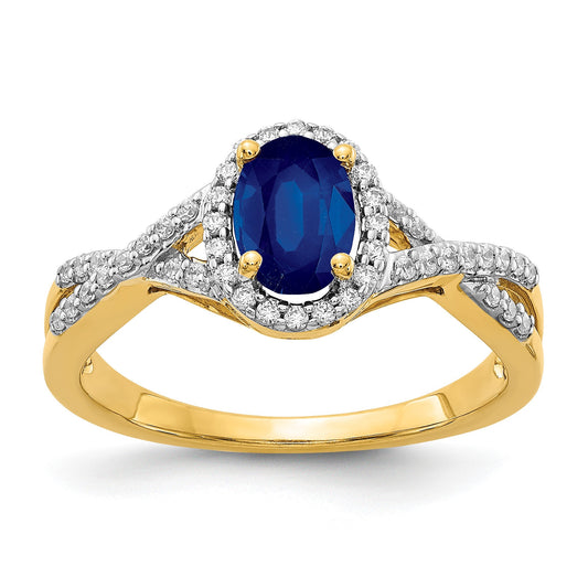 14k 7x5mm Oval Blue Sapphire and 1/5 carat Diamond Halo Ring