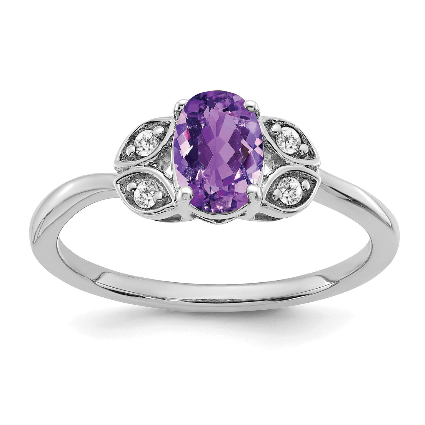 14k White Gold 7x5 Oval Amethyst and 1/20 carat Diamond Ring