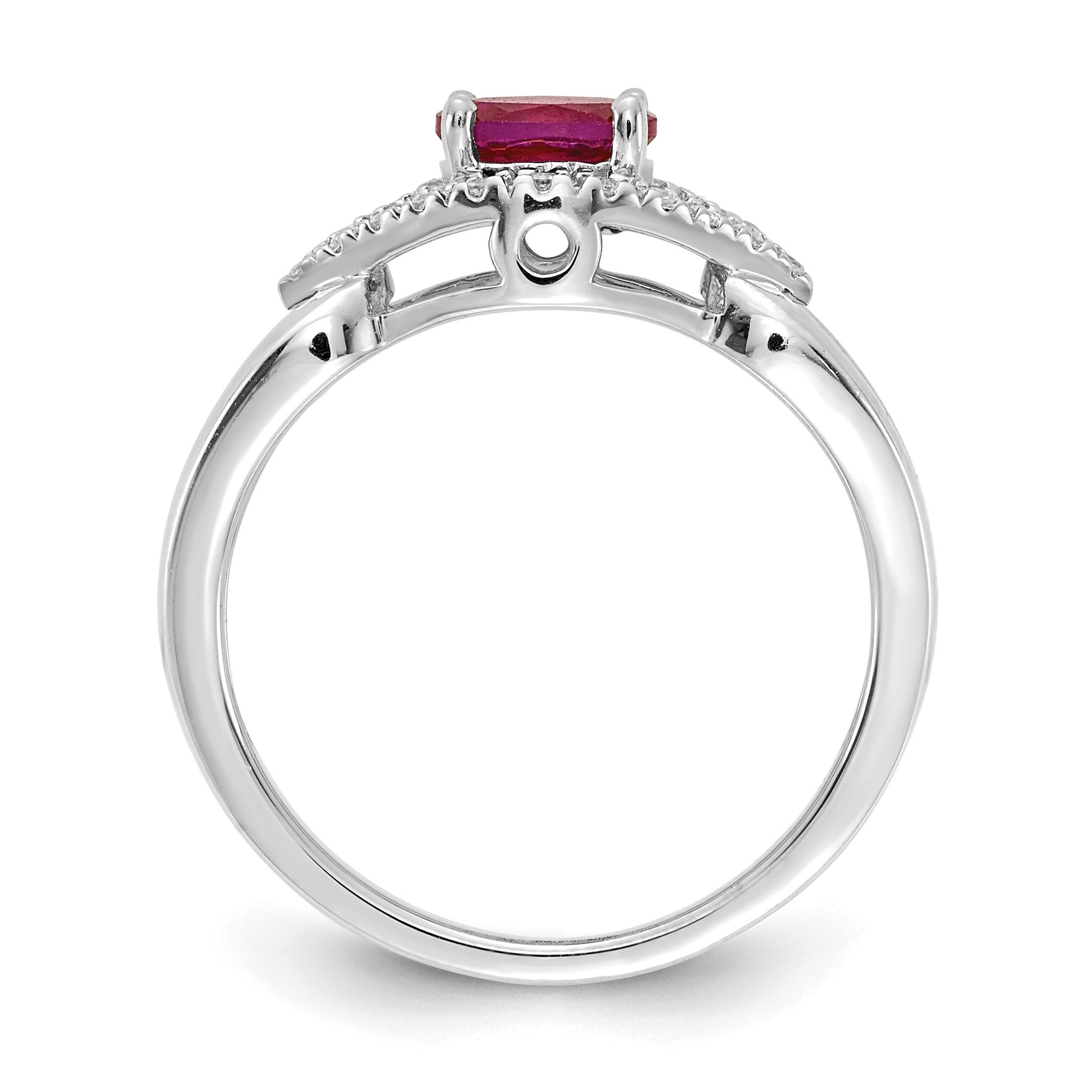 14k White Gold East-West 6x4mm Oval Ruby and 1/8 carat Diamond Ring