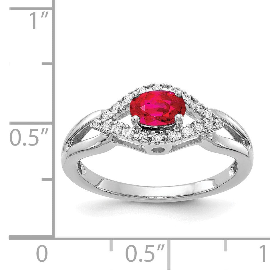 14k White Gold East-West 6x4mm Oval Ruby and 1/8 carat Diamond Ring