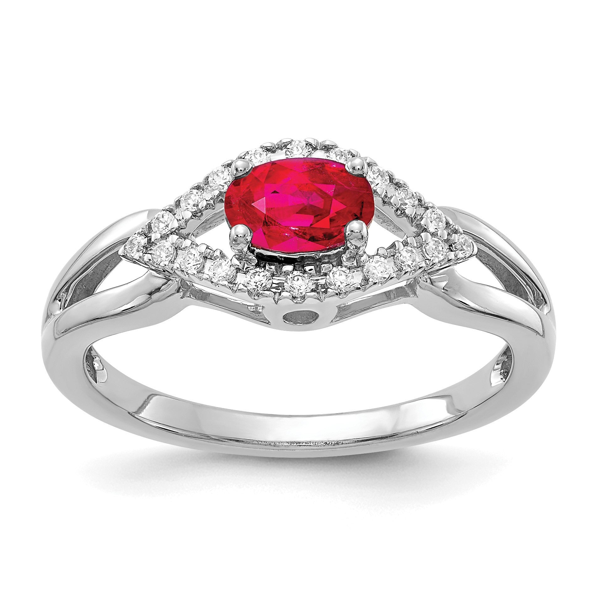 14k White Gold East-West 6x4mm Oval Ruby and 1/8 carat Diamond Ring