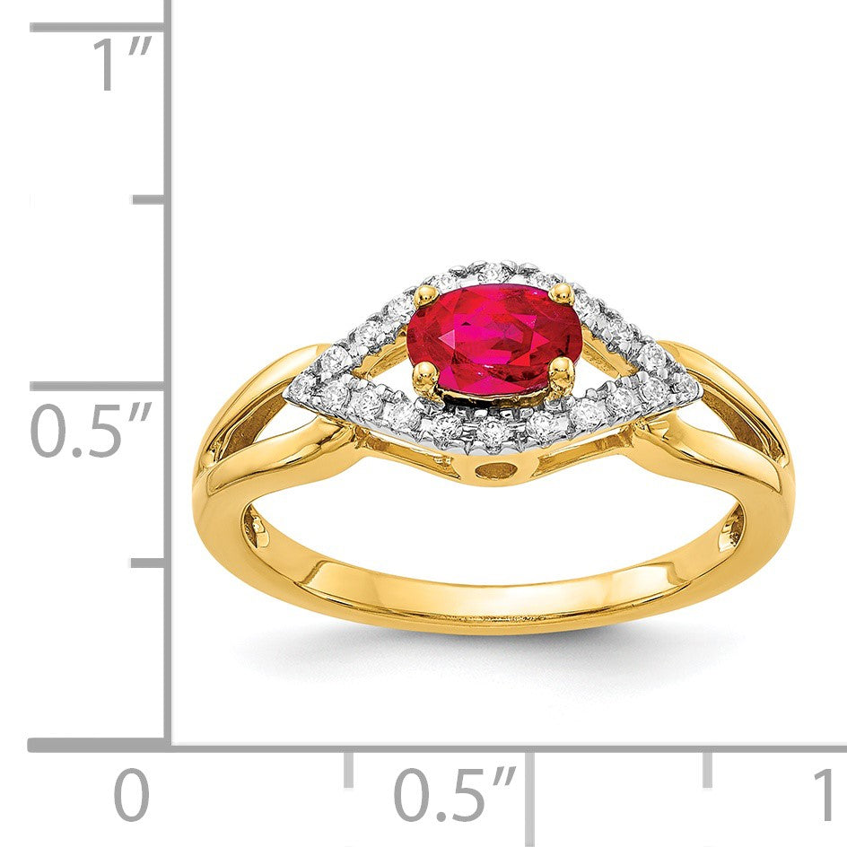 14k East-West 6x4mm Oval Ruby and 1/8 carat Diamond Ring