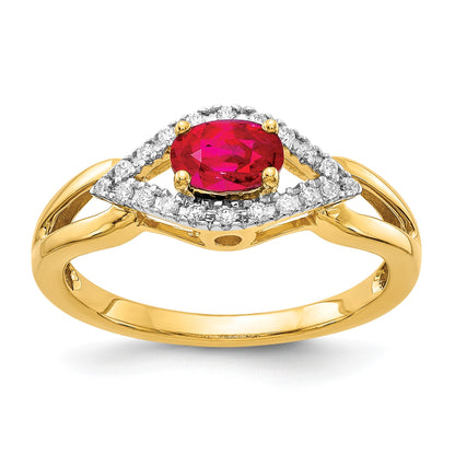 14k East-West 6x4mm Oval Ruby and 1/8 carat Diamond Ring