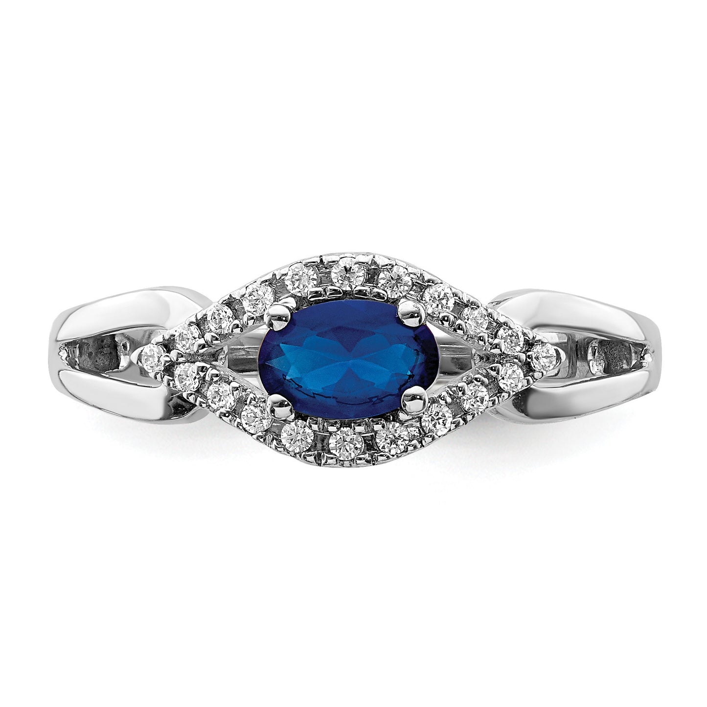 14k White Gold East-West 6x4mm Oval Blue Sapphire and 1/8 carat Diamond Ring