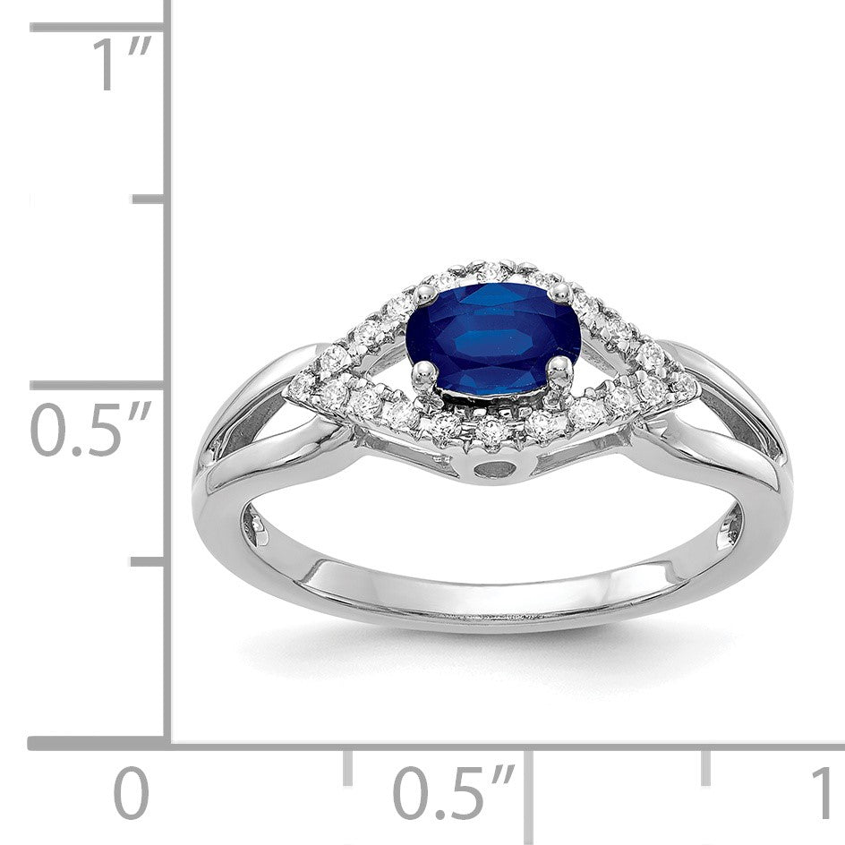 14k White Gold East-West 6x4mm Oval Blue Sapphire and 1/8 carat Diamond Ring