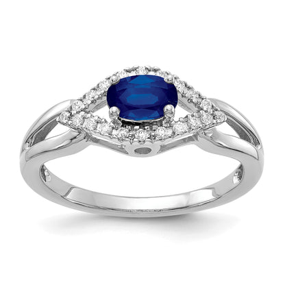 14k White Gold East-West 6x4mm Oval Blue Sapphire and 1/8 carat Diamond Ring
