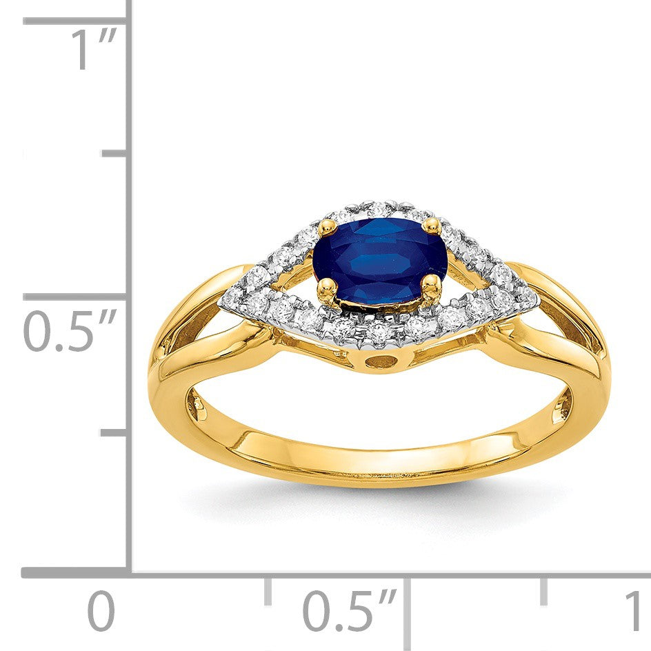 14k East-West 6x4mm Oval Blue Sapphire and 1/8 carat Diamond Ring