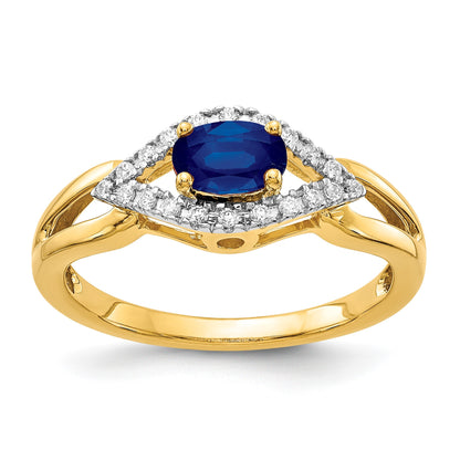 14k East-West 6x4mm Oval Blue Sapphire and 1/8 carat Diamond Ring