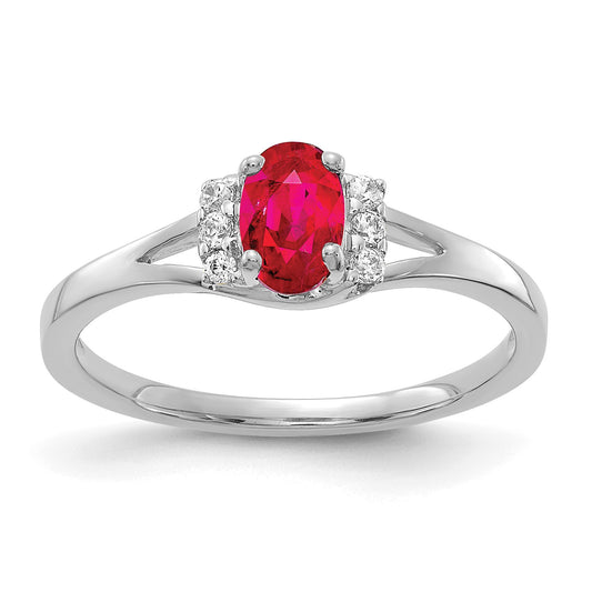 14k White Gold 1/15 carat Diamond and 6x4mm Oval Ruby Ring