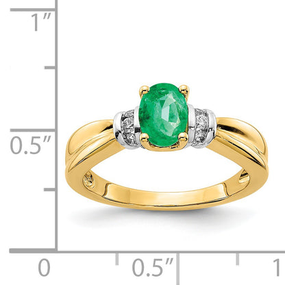 14k and White Rhodium 1/10 carat Diamond and 7x5mm Oval Emerald Ring
