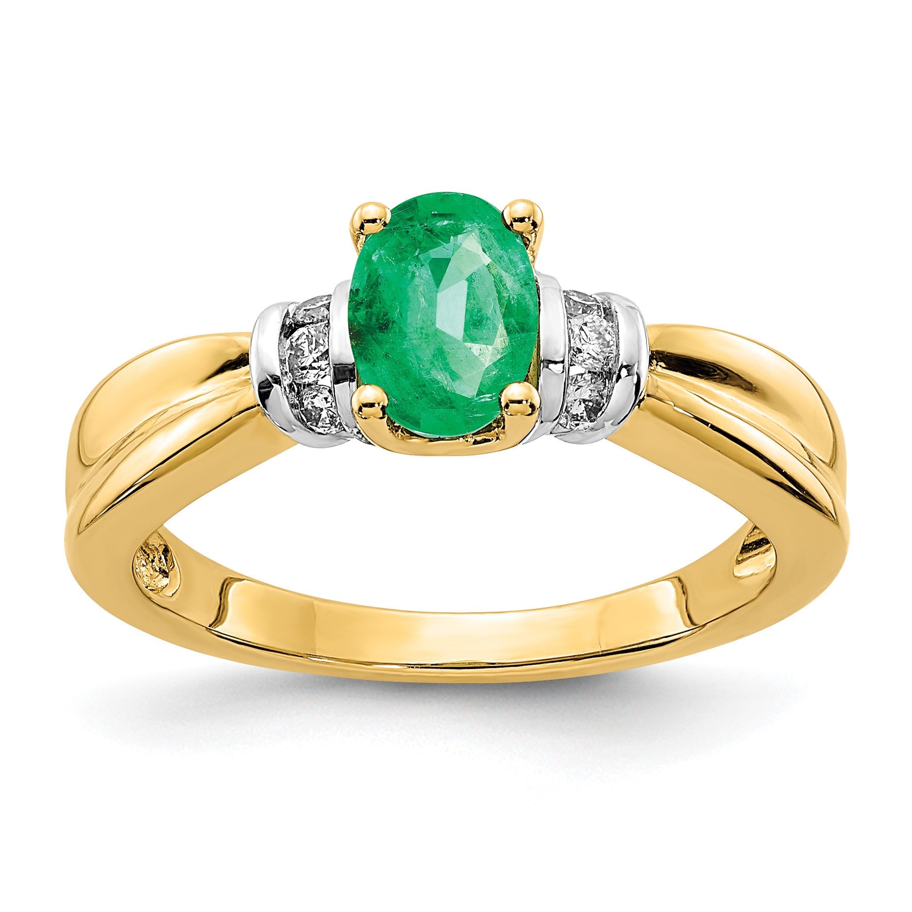 14k and White Rhodium 1/10 carat Diamond and 7x5mm Oval Emerald Ring