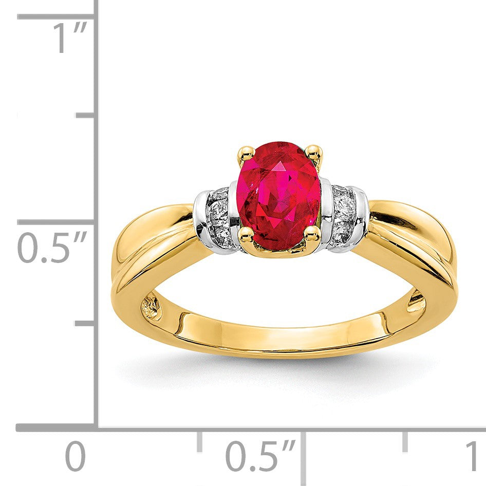 14k and White Rhodium 1/10 carat Diamond and 7x5mm Oval Ruby Ring