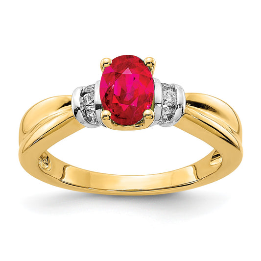 14k and White Rhodium 1/10 carat Diamond and 7x5mm Oval Ruby Ring