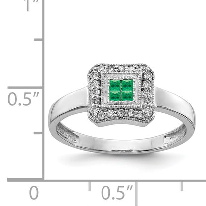 14k White Gold Square Design Emerald Cluster and 1/8 carat Diamond Ring