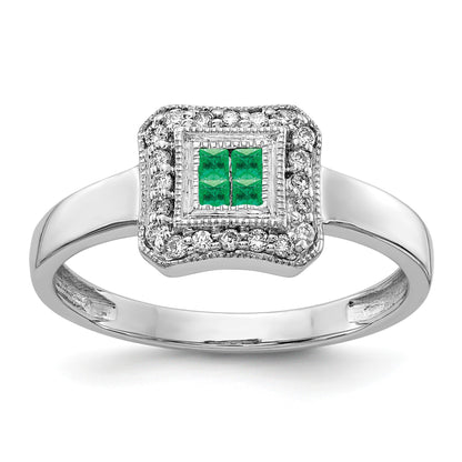 14k White Gold Square Design Emerald Cluster and 1/8 carat Diamond Ring