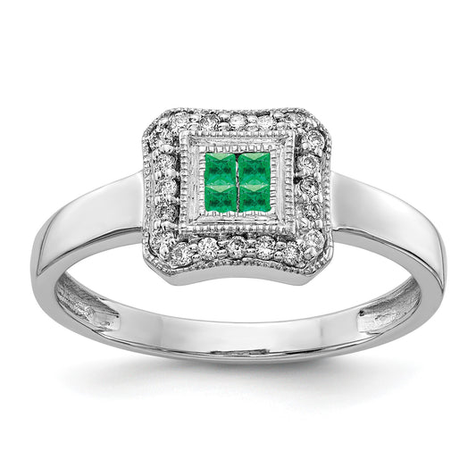 14k White Gold Square Design Emerald Cluster and 1/8 carat Diamond Ring