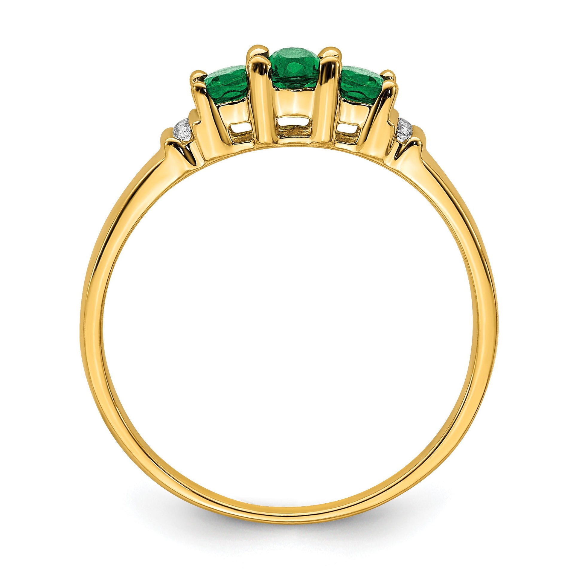 14k Polished Triple Emerald and Diamond 3-stone Ring