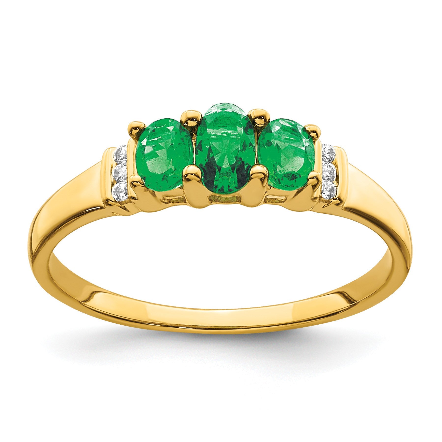 14k Polished Triple Emerald and Diamond 3-stone Ring