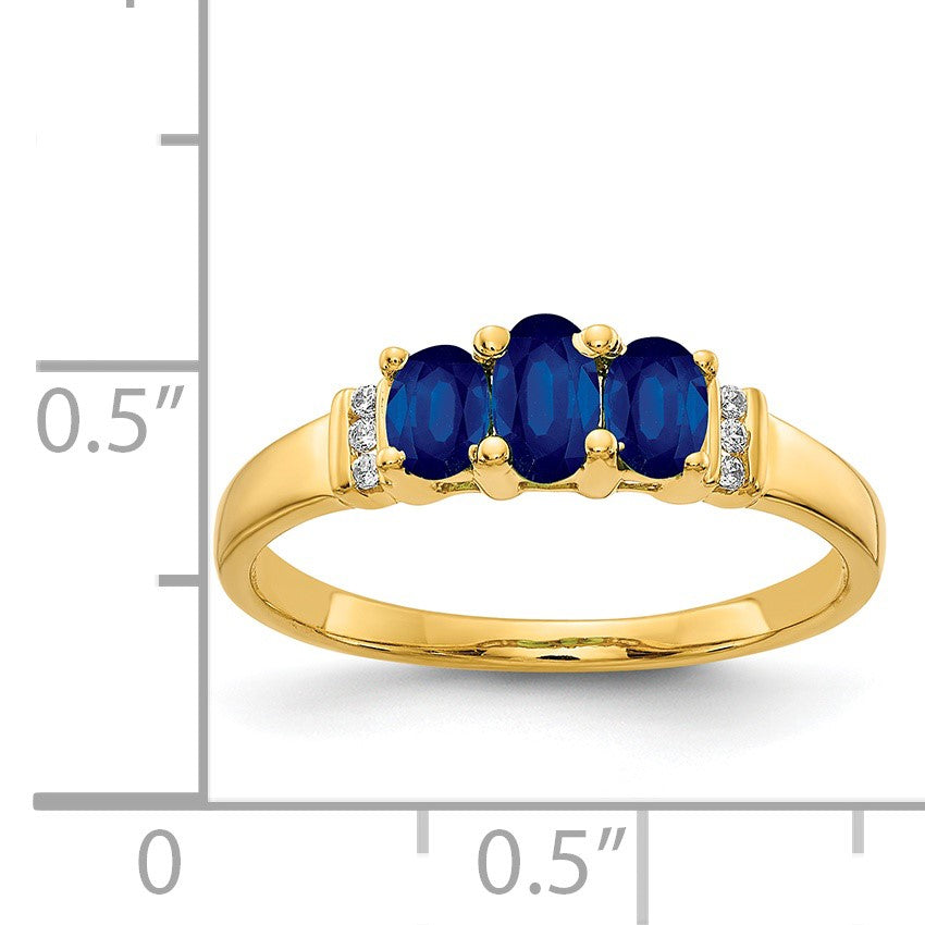14k Polished Triple Blue Sapphire and Diamond 3-stone Ring