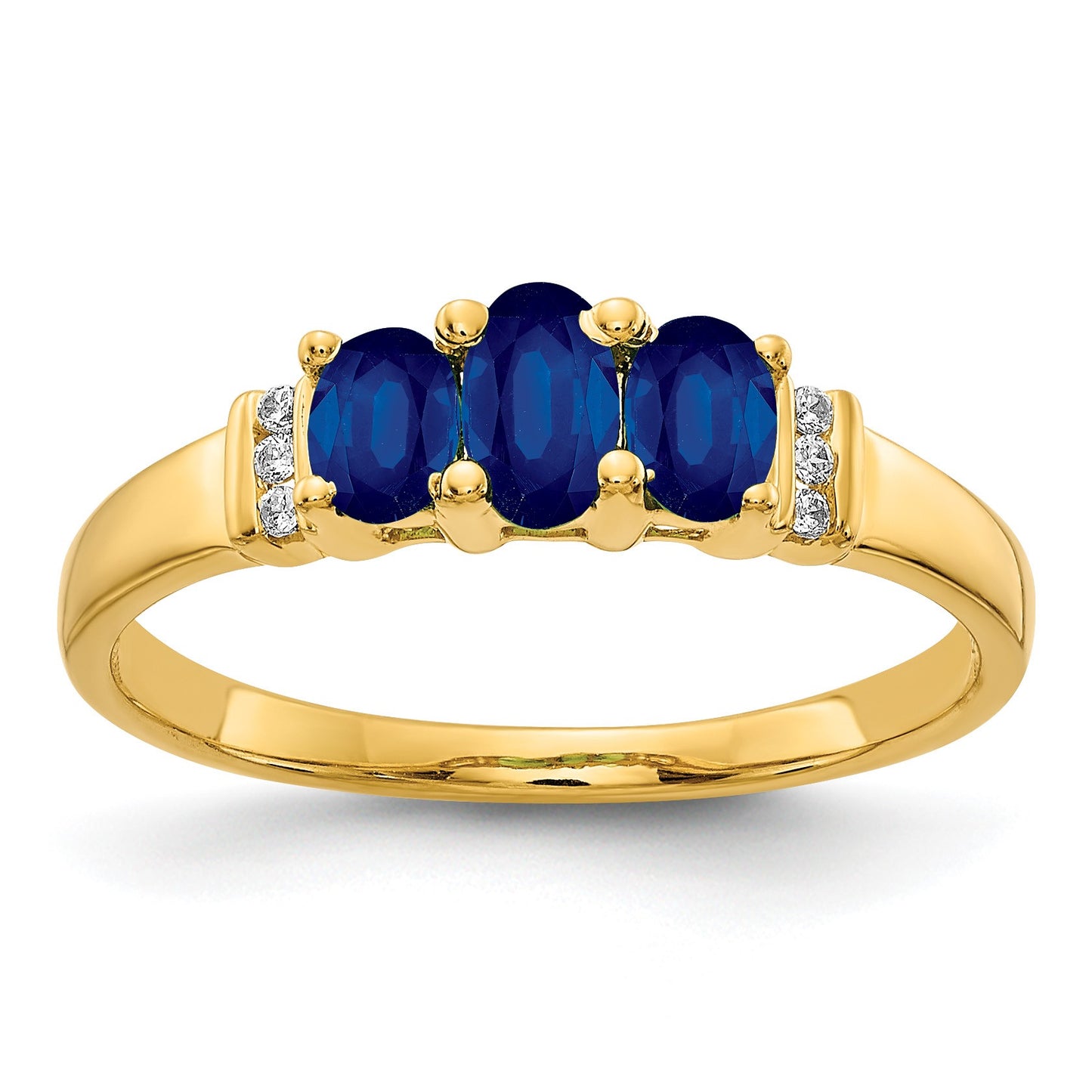 14k Polished Triple Blue Sapphire and Diamond 3-stone Ring
