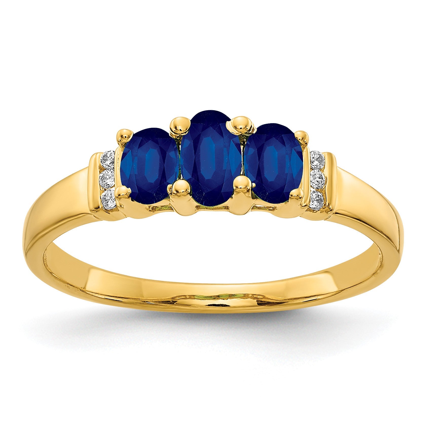 14k Polished Triple Blue Sapphire and Diamond 3-stone Ring