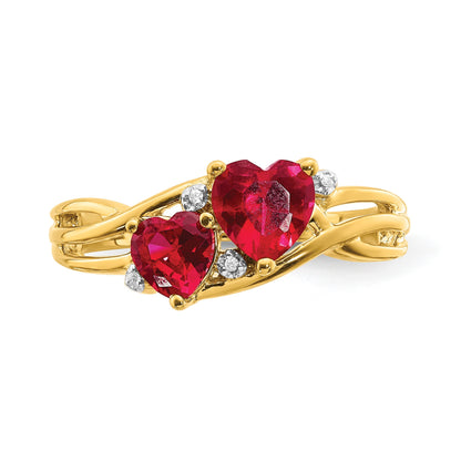 14k 5mm and 6mm Lab-Created Ruby and Diamond Double Heart Ring
