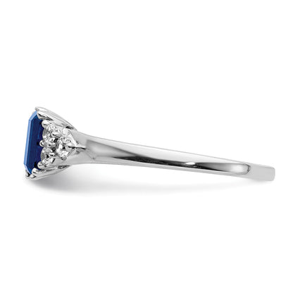 14k White Gold 1/6 carat Diamond and 6x4mm Emerald-cut Blue Sapphire Ring