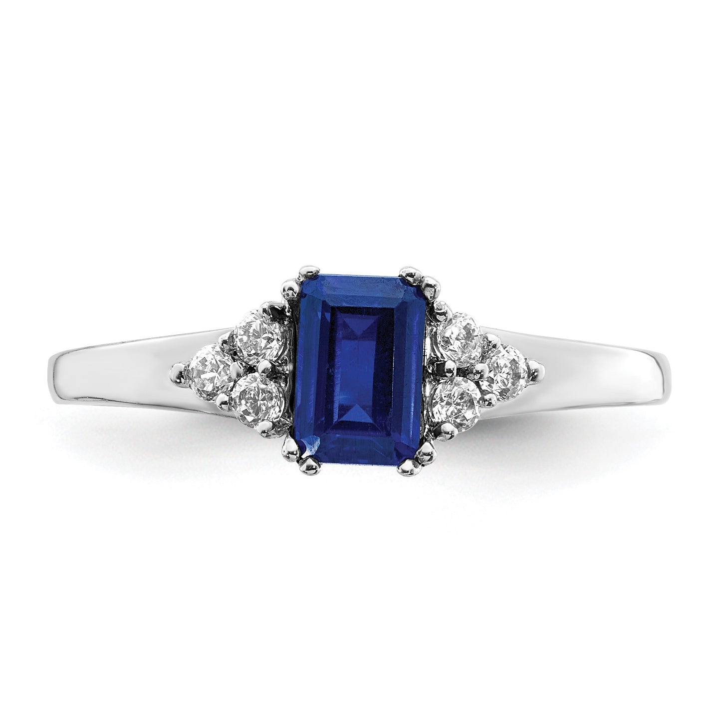 14k White Gold 1/6 carat Diamond and 6x4mm Emerald-cut Blue Sapphire Ring