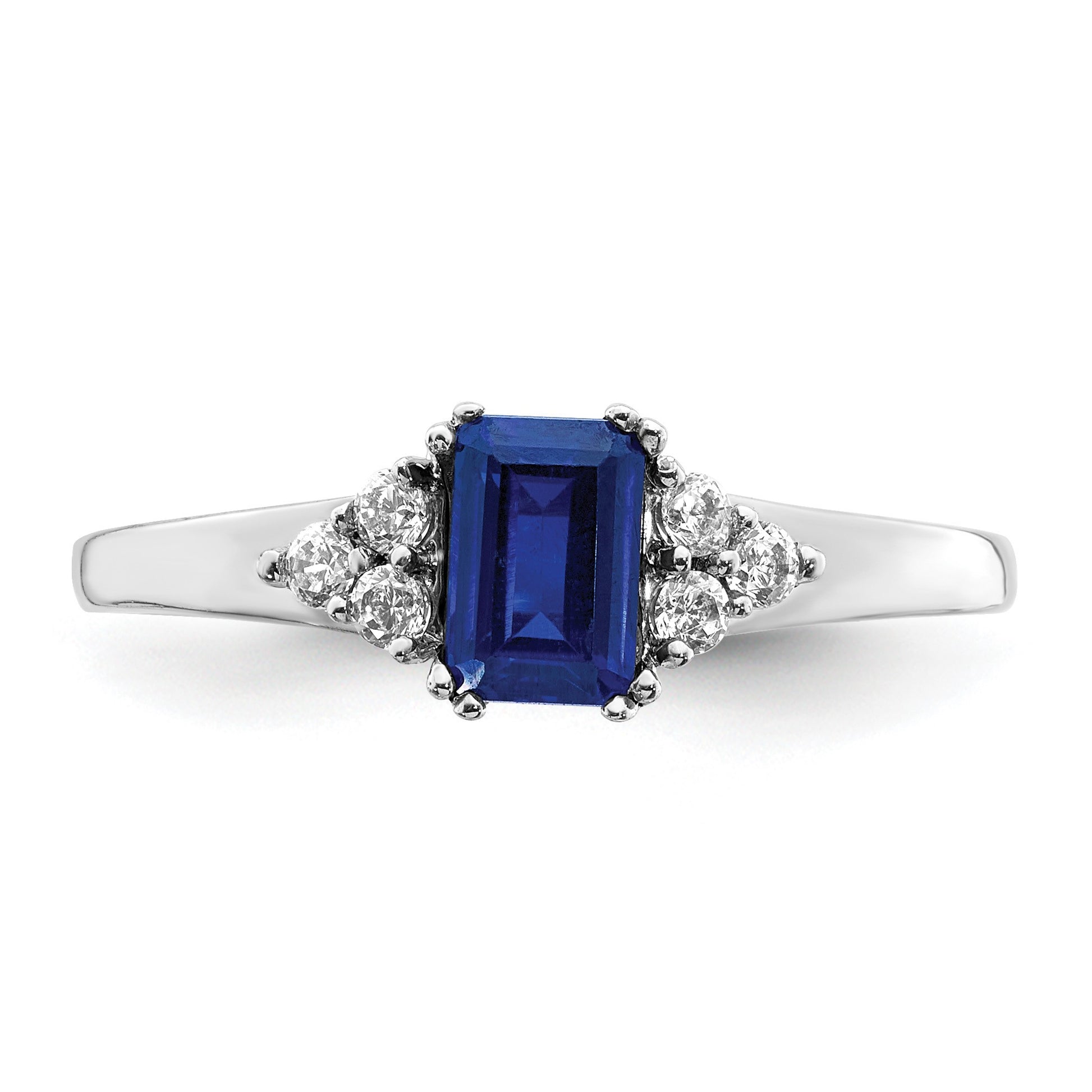 14k White Gold 1/6 carat Diamond and 6x4mm Emerald-cut Blue Sapphire Ring
