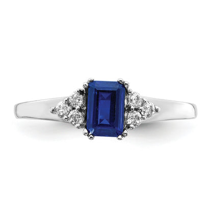 14k White Gold 1/6 carat Diamond and 6x4mm Emerald-cut Blue Sapphire Ring