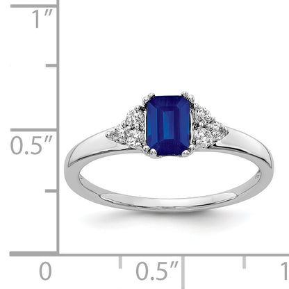 14k White Gold 1/6 carat Diamond and 6x4mm Emerald-cut Blue Sapphire Ring