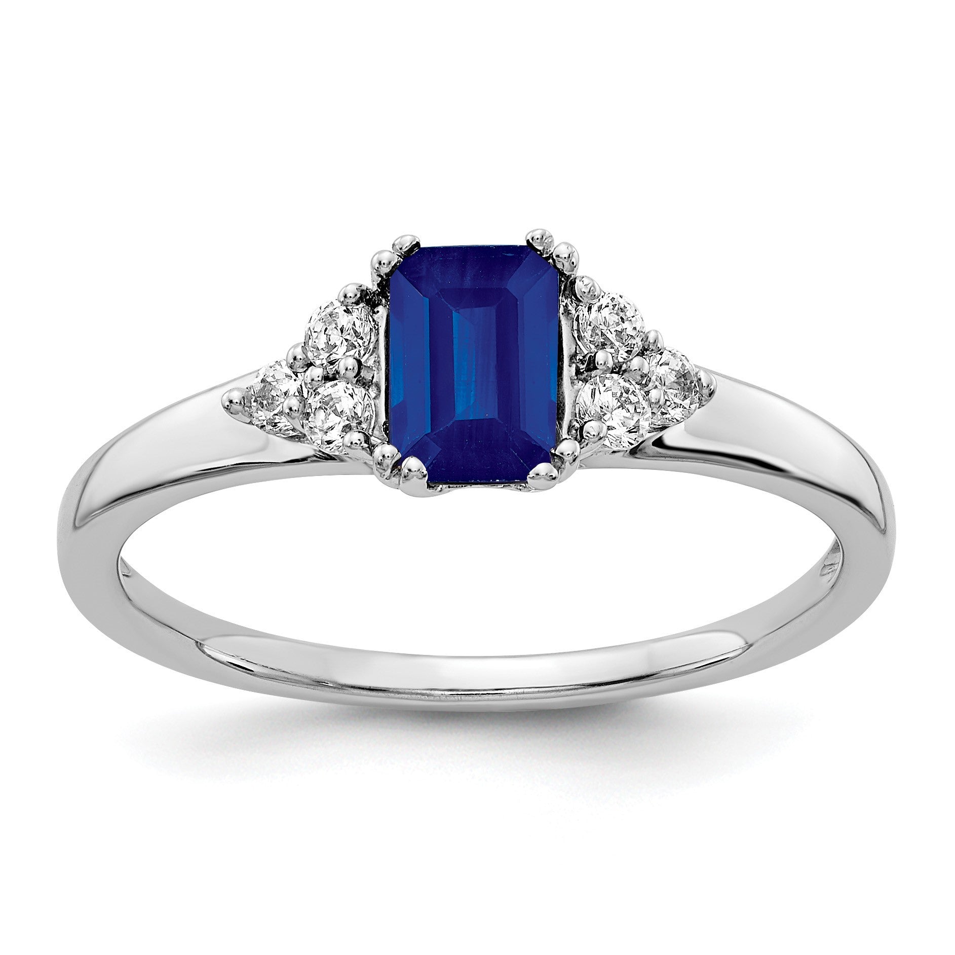 14k White Gold 1/6 carat Diamond and 6x4mm Emerald-cut Blue Sapphire Ring