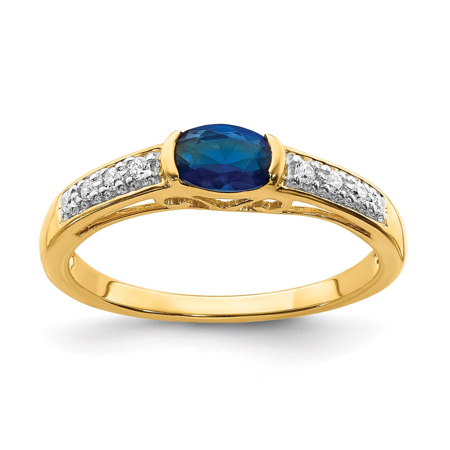 14k Oval East-West Blue Sapphire and 1/15 carat Diamond Ring