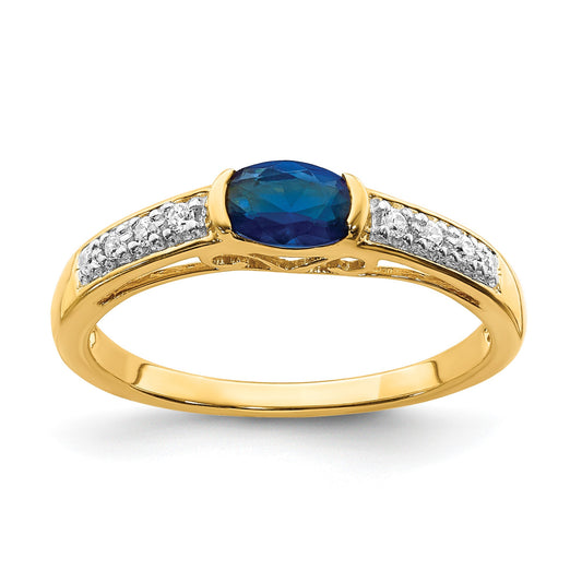 14k Oval East-West Blue Sapphire and 1/15 carat Diamond Ring
