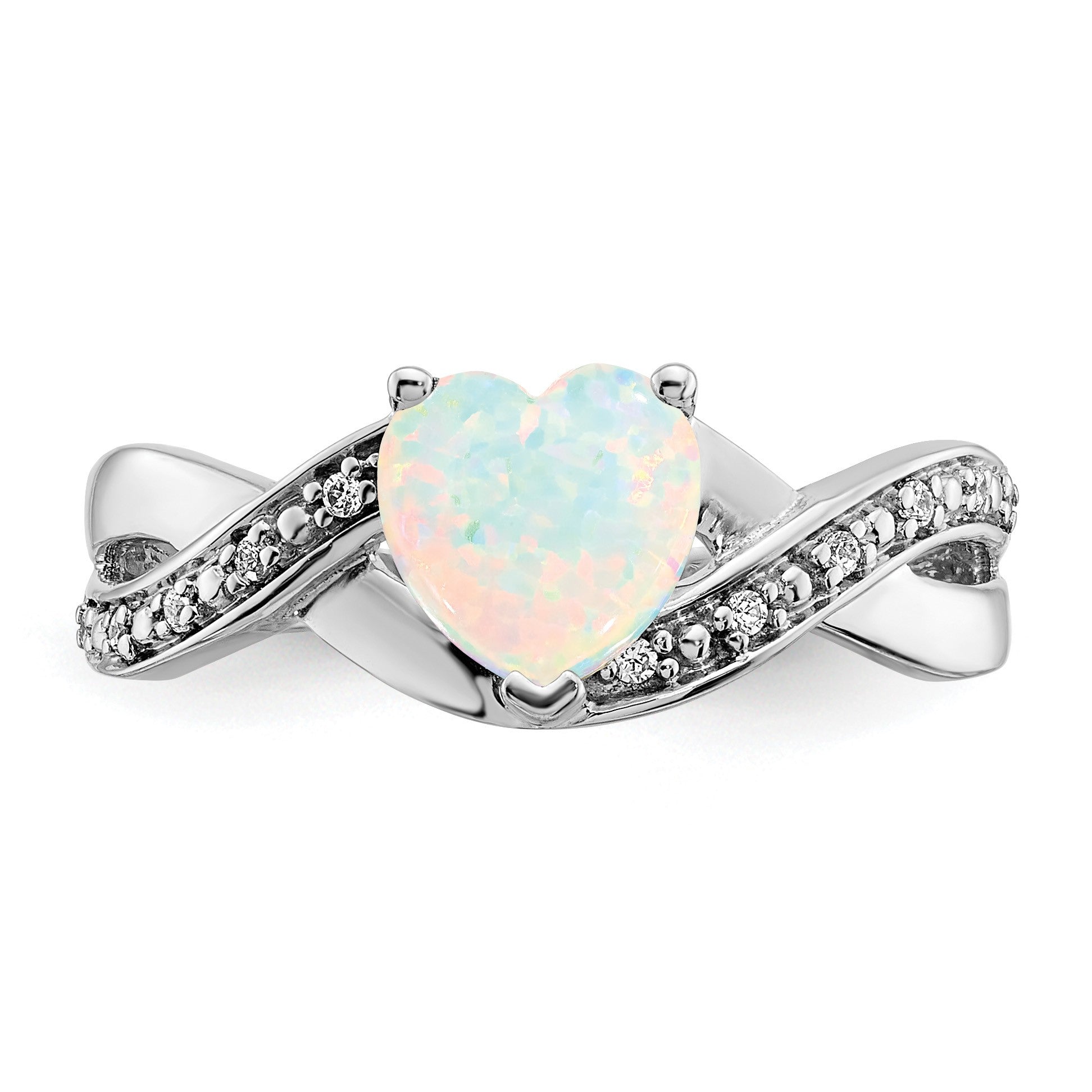 14k White Gold 7mm Heart Lab-Created Opal and 1/20 carat Diamond Ring
