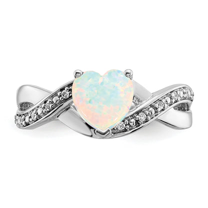 14k White Gold 7mm Heart Lab-Created Opal and 1/20 carat Diamond Ring