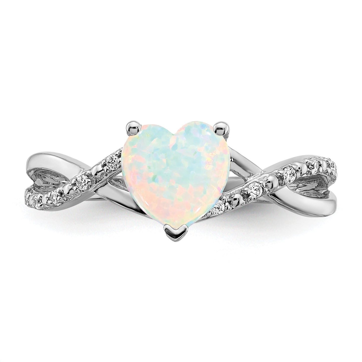 14k White Gold 7mm Heart Lab-Created Opal and 1/20 carat Diamond Ring