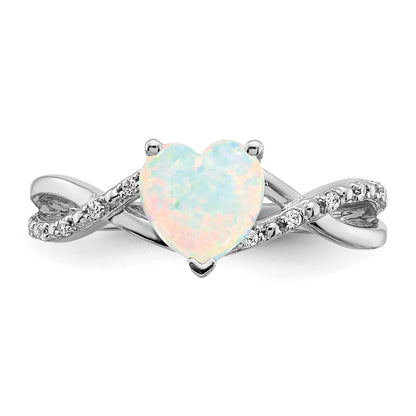14k White Gold 7mm Heart Lab-Created Opal and 1/20 carat Diamond Ring
