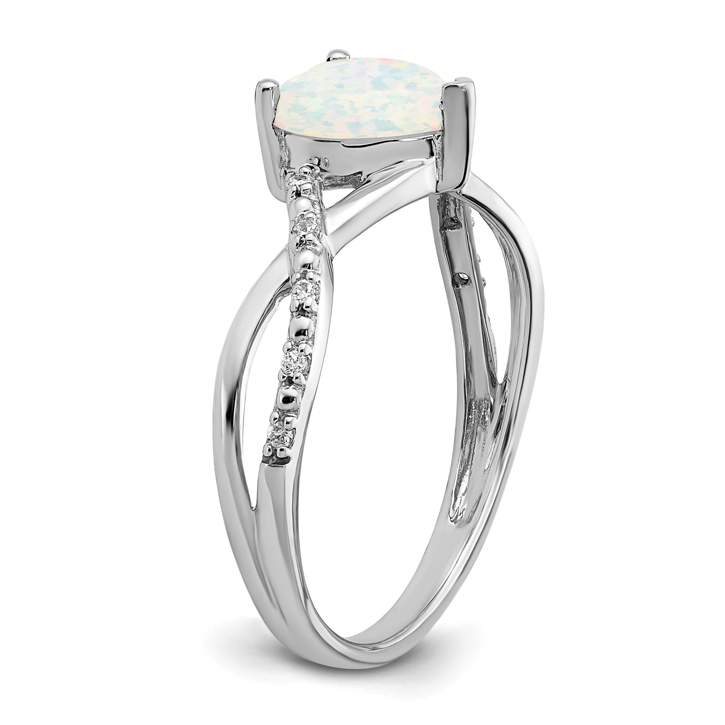 14k White Gold 7mm Heart Lab-Created Opal and 1/20 carat Diamond Ring
