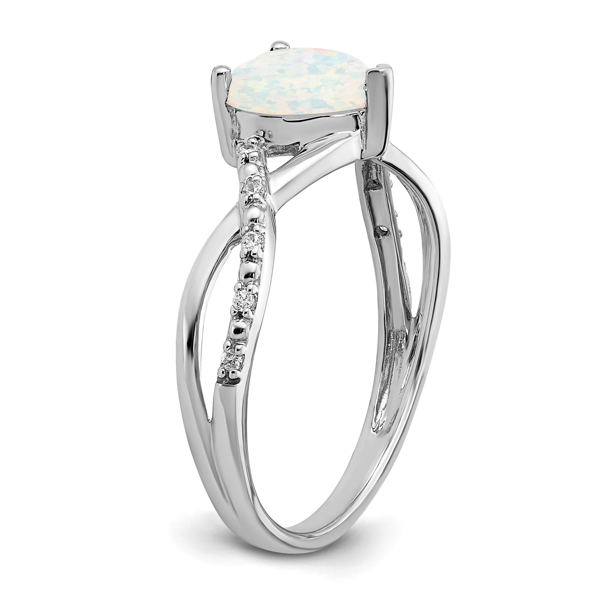 14k White Gold 7mm Heart Lab-Created Opal and 1/20 carat Diamond Ring