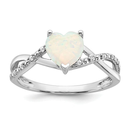 14k White Gold 7mm Heart Lab-Created Opal and 1/20 carat Diamond Ring