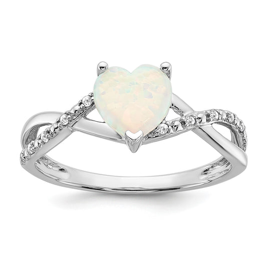 14k White Gold 7mm Heart Lab-Created Opal and 1/20 carat Diamond Ring