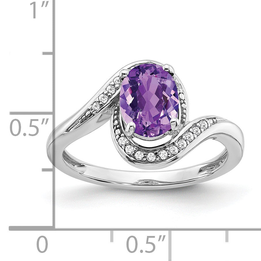 14k White Gold 8x6mm Oval Amethyst and 1/10 carat Diamond Bypass Ring