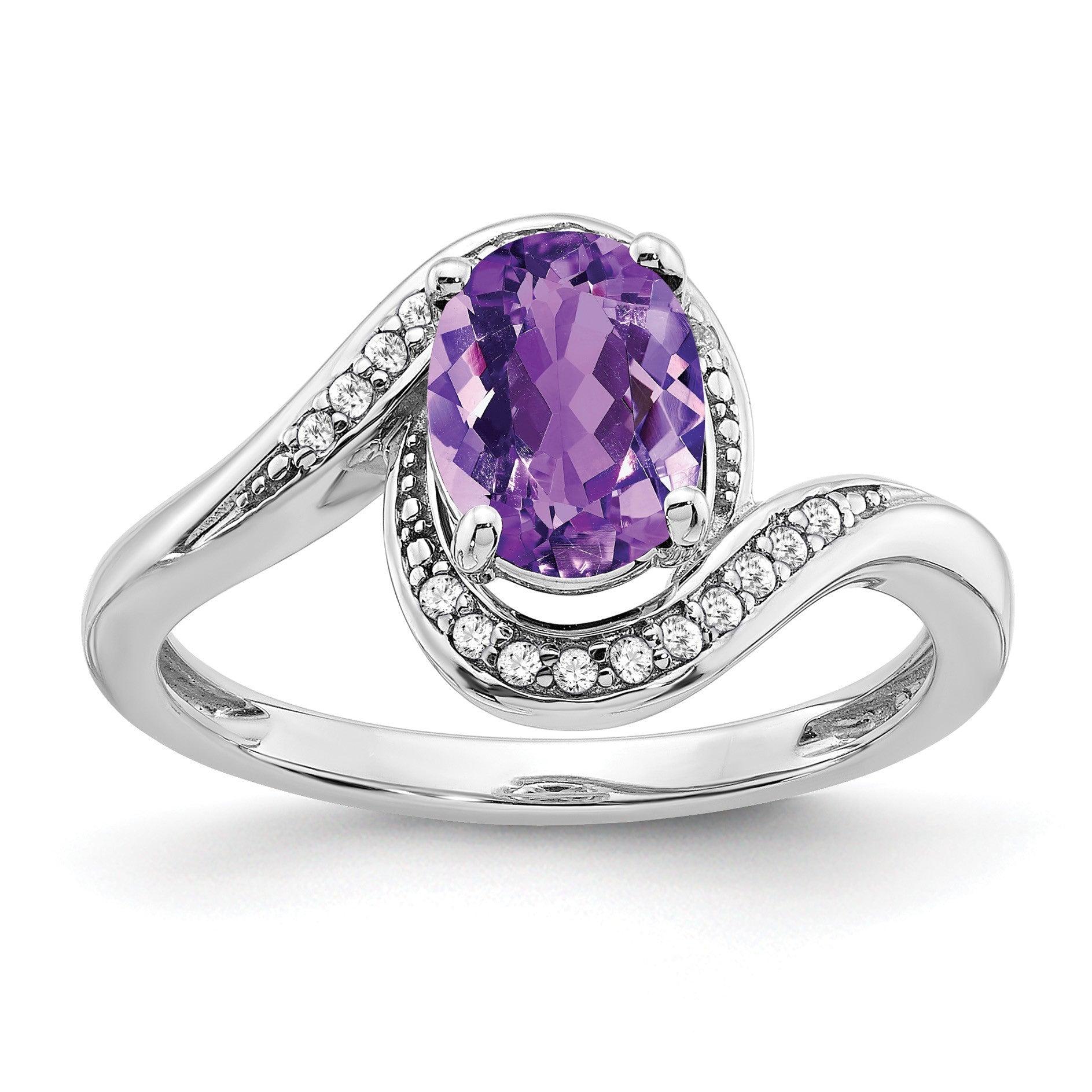 14k White Gold 8x6mm Oval Amethyst and 1/10 carat Diamond Bypass Ring