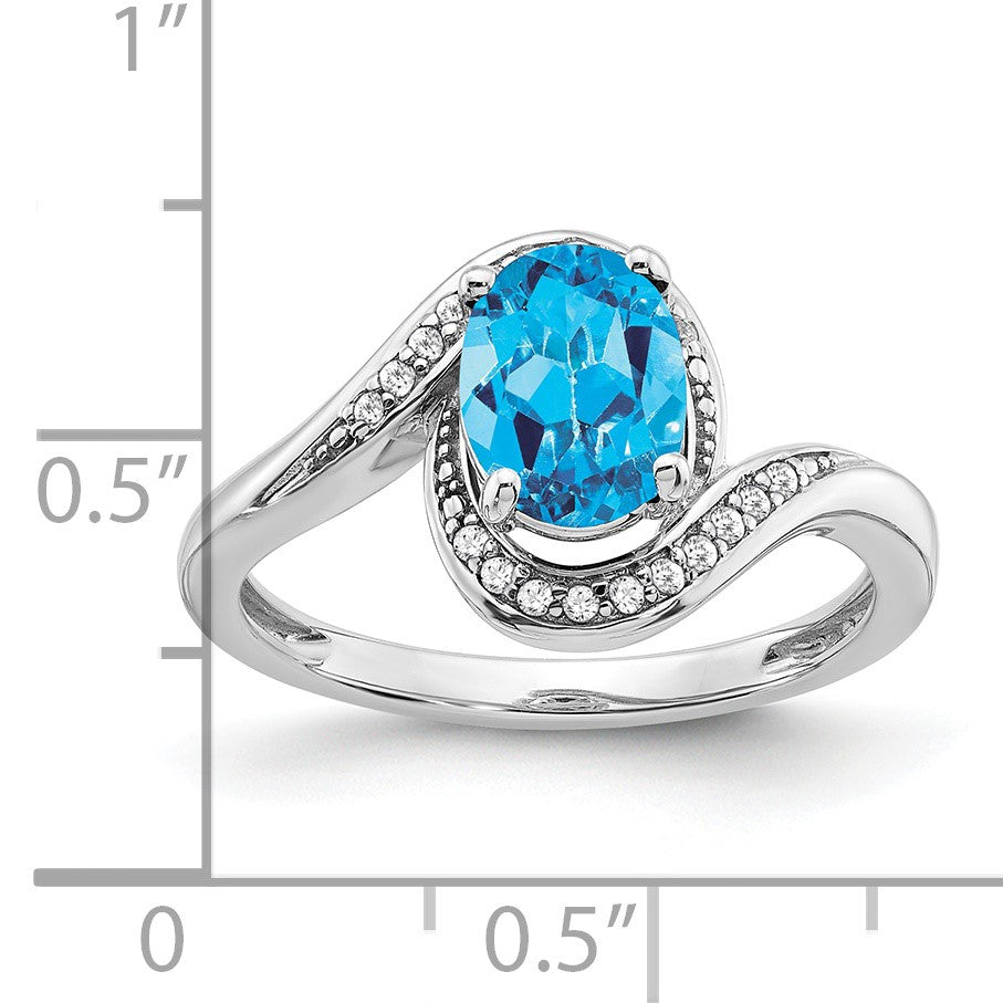 14k White Gold 8x6mm Oval Blue Topaz and 1/10 carat Diamond Bypass Ring