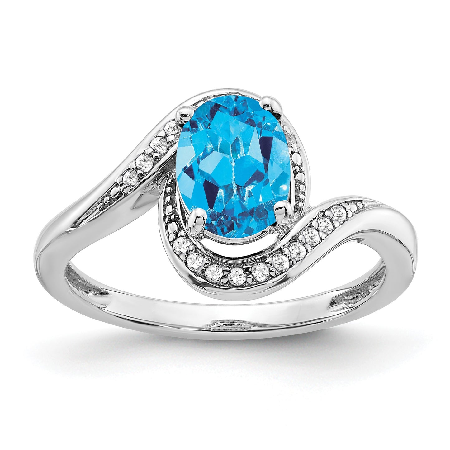 14k White Gold 8x6mm Oval Blue Topaz and 1/10 carat Diamond Bypass Ring