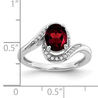 14k White Gold 8x6mm Oval Garnet and 1/10 carat Diamond Bypass Ring