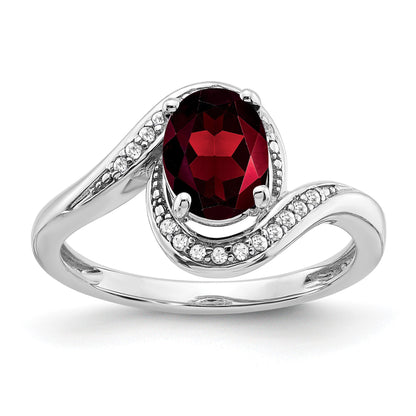 14k White Gold 8x6mm Oval Garnet and 1/10 carat Diamond Bypass Ring