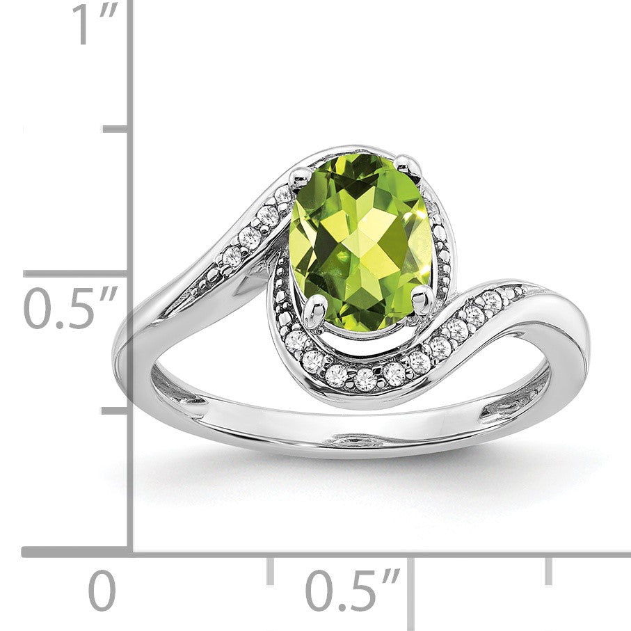 14k White Gold 8x6mm Oval Peridot and 1/10 carat Diamond Bypass Ring