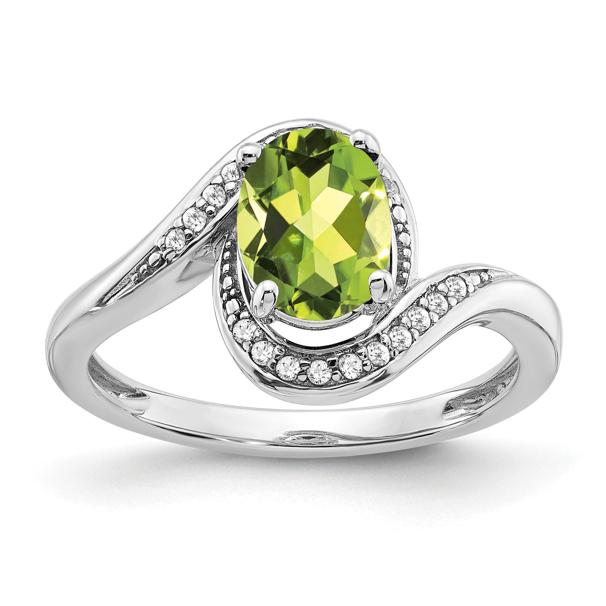 14k White Gold 8x6mm Oval Peridot and 1/10 carat Diamond Bypass Ring